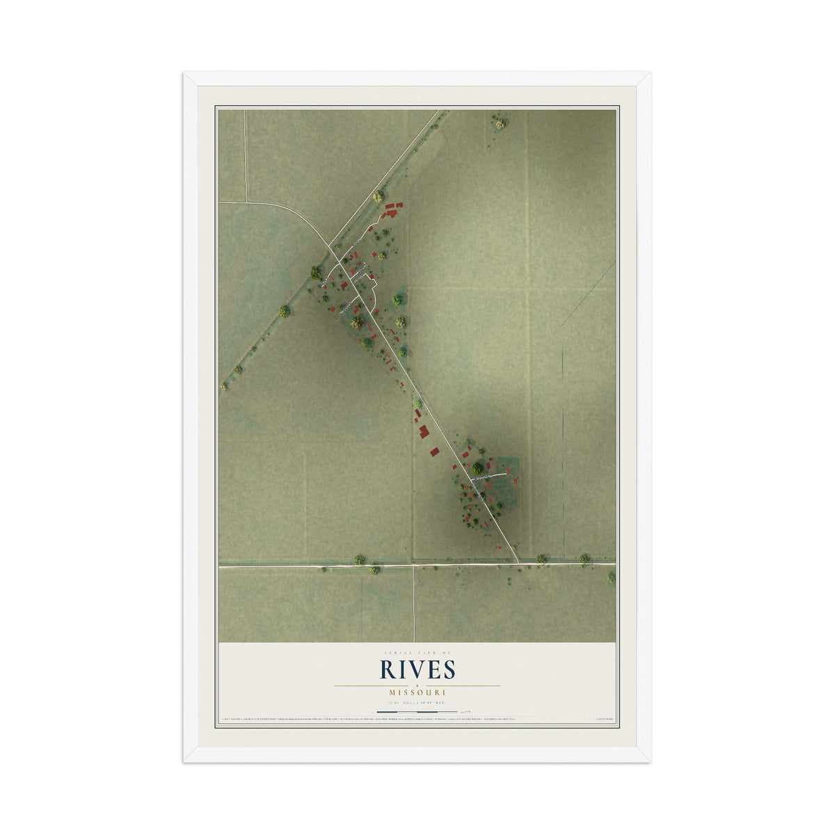 Map of Rives, Missouri, 12 x 18 inch print in a white wood frame