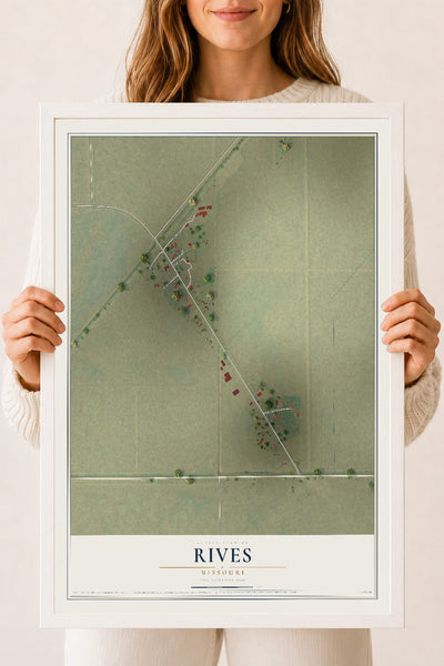 Map of Rives, Missouri, 18 x 24 inch print in a white wood frame