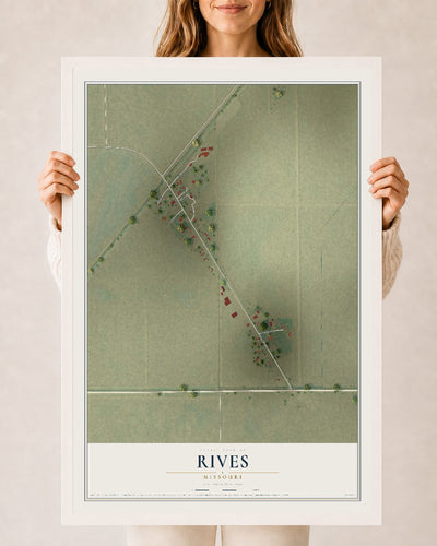 Map of Rives, Missouri, 24 x 36 inch print in a white wood frame