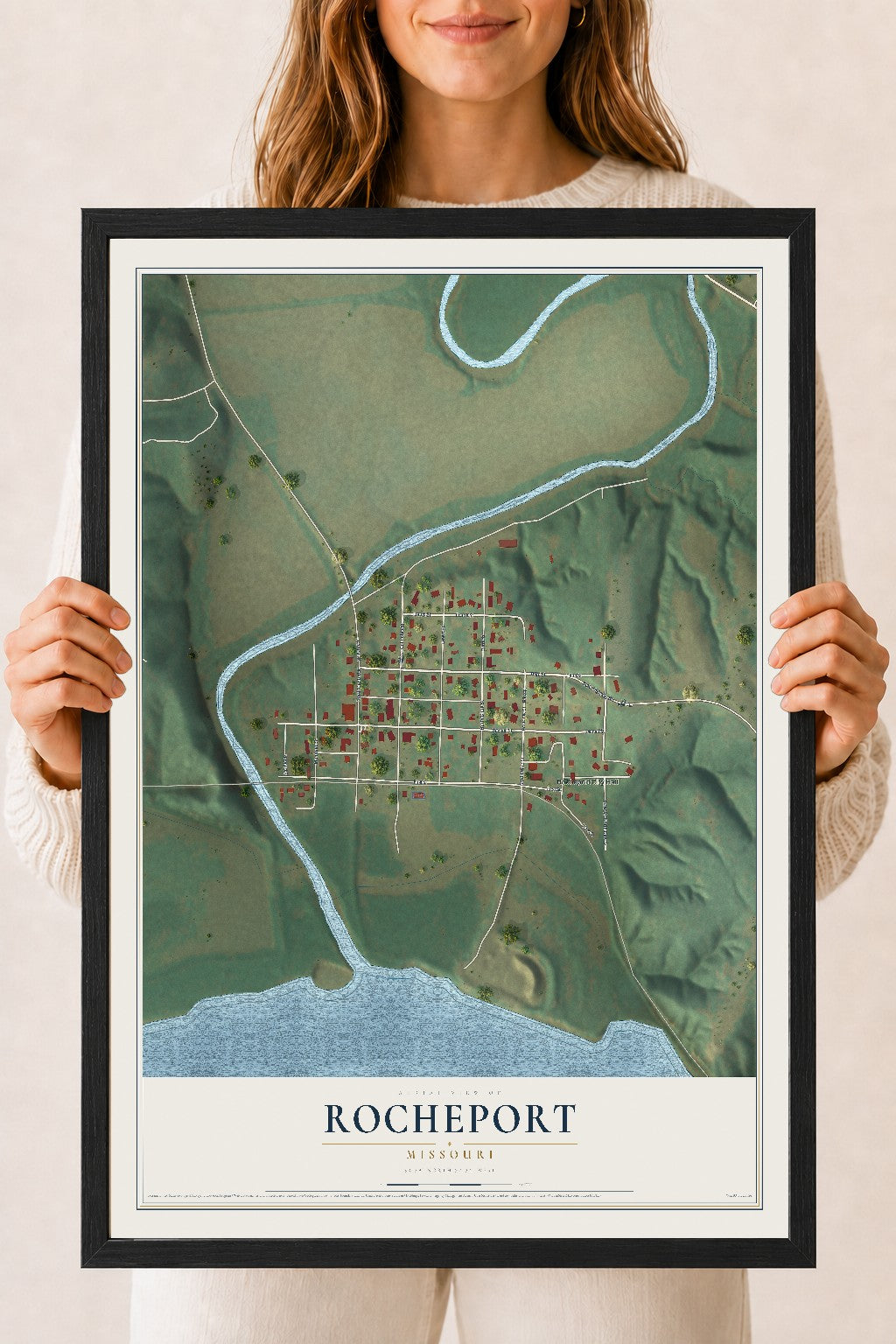 Map of Rocheport, Missouri, 18 x 24 inch print in a black wood frame