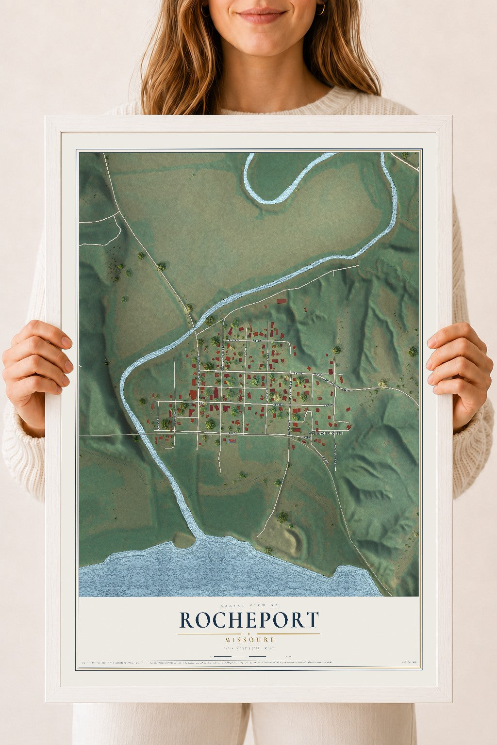 Map of Rocheport, Missouri, 18 x 24 inch print in a white wood frame