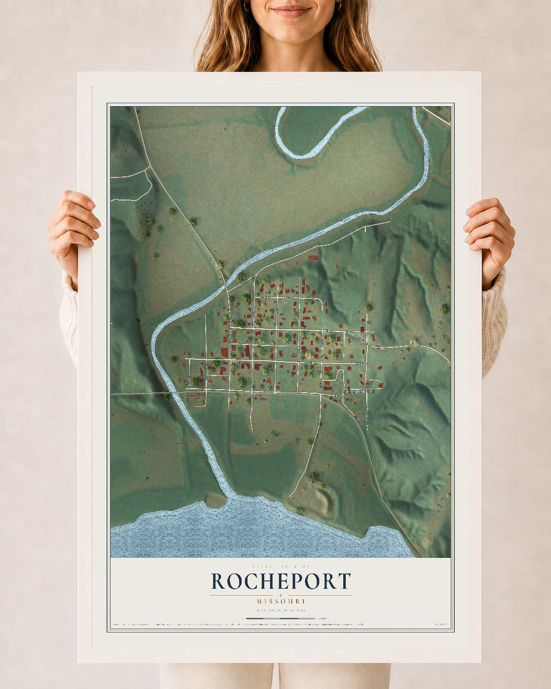 Map of Rocheport, Missouri, 24 x 36 inch print in a white wood frame