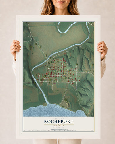 Map of Rocheport, Missouri, 24 x 36 inch print in a white wood frame