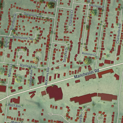 Close-up of the map of Rock Hill, Missouri print showing street and building detail