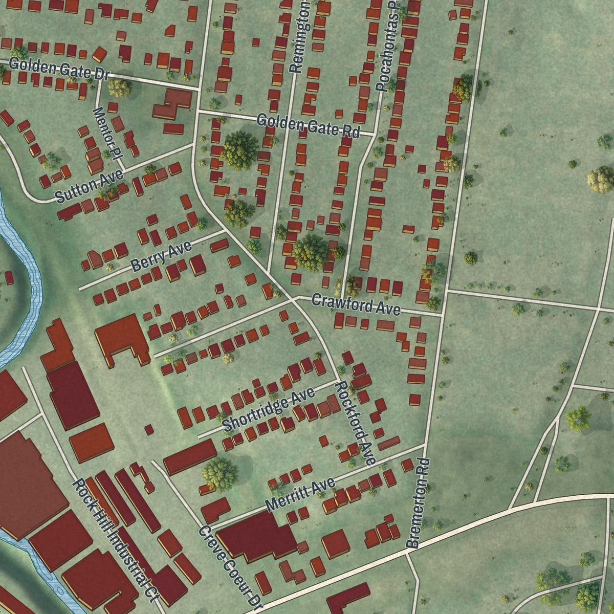 Second close-up of the map of Rock Hill, Missouri print showing more streets and buildings