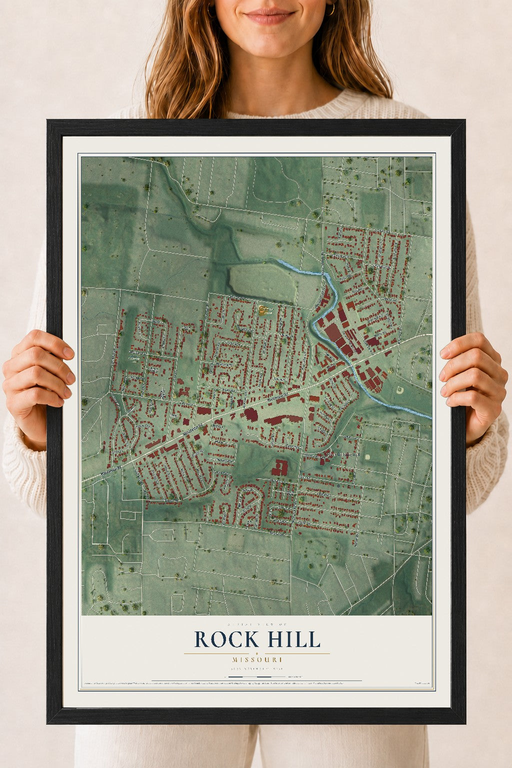 Map of Rock Hill, Missouri, 18 x 24 inch print in a black wood frame