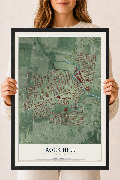 Map of Rock Hill, Missouri, 18 x 24 inch print in a black wood frame