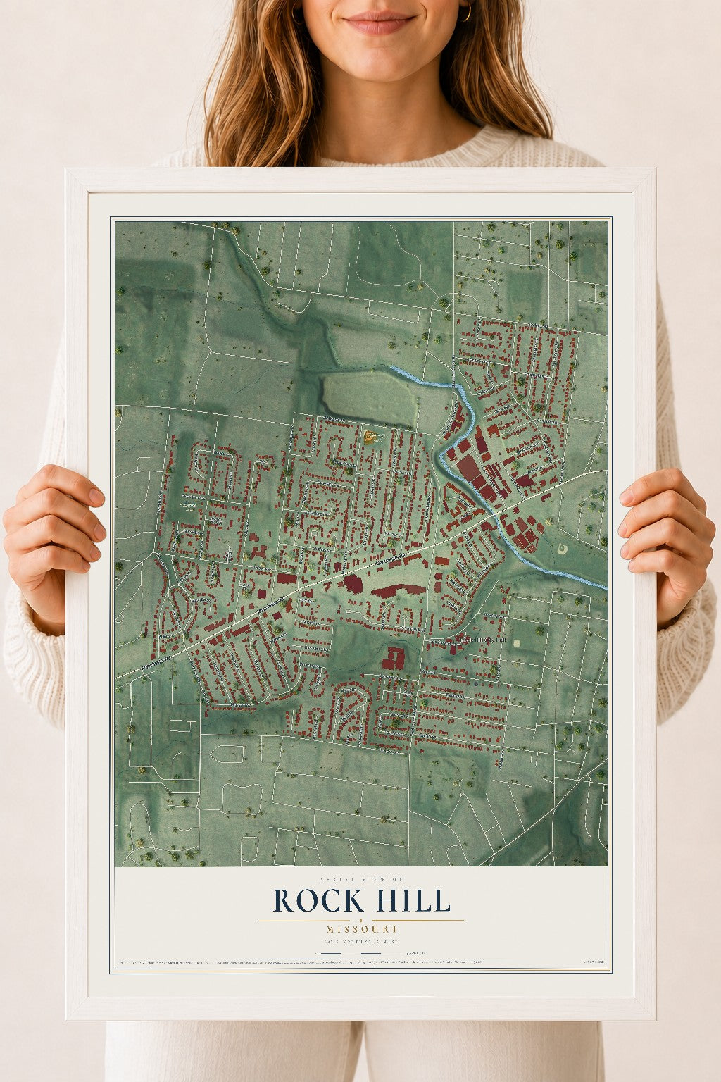 Map of Rock Hill, Missouri, 18 x 24 inch print in a white wood frame
