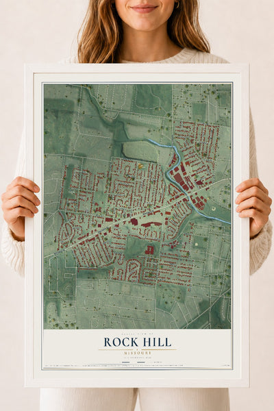 Map of Rock Hill, Missouri, 18 x 24 inch print in a white wood frame