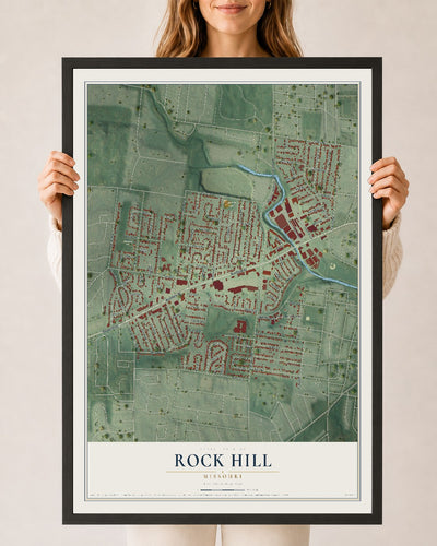 Map of Rock Hill, Missouri, 24 x 36 inch print in a black wood frame