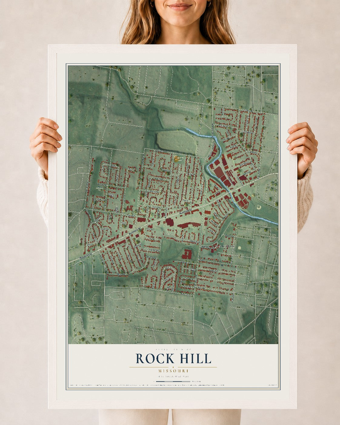 Map of Rock Hill, Missouri, 24 x 36 inch print in a white wood frame