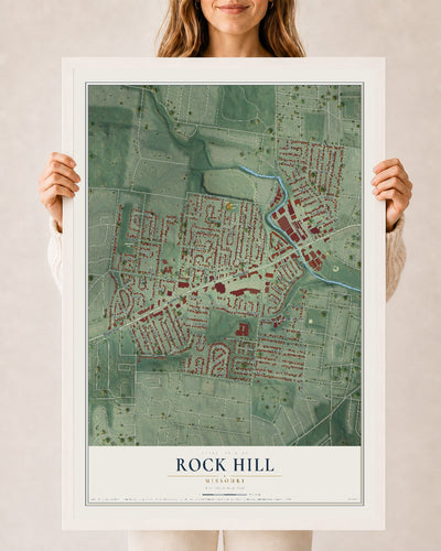 Map of Rock Hill, Missouri, 24 x 36 inch print in a white wood frame