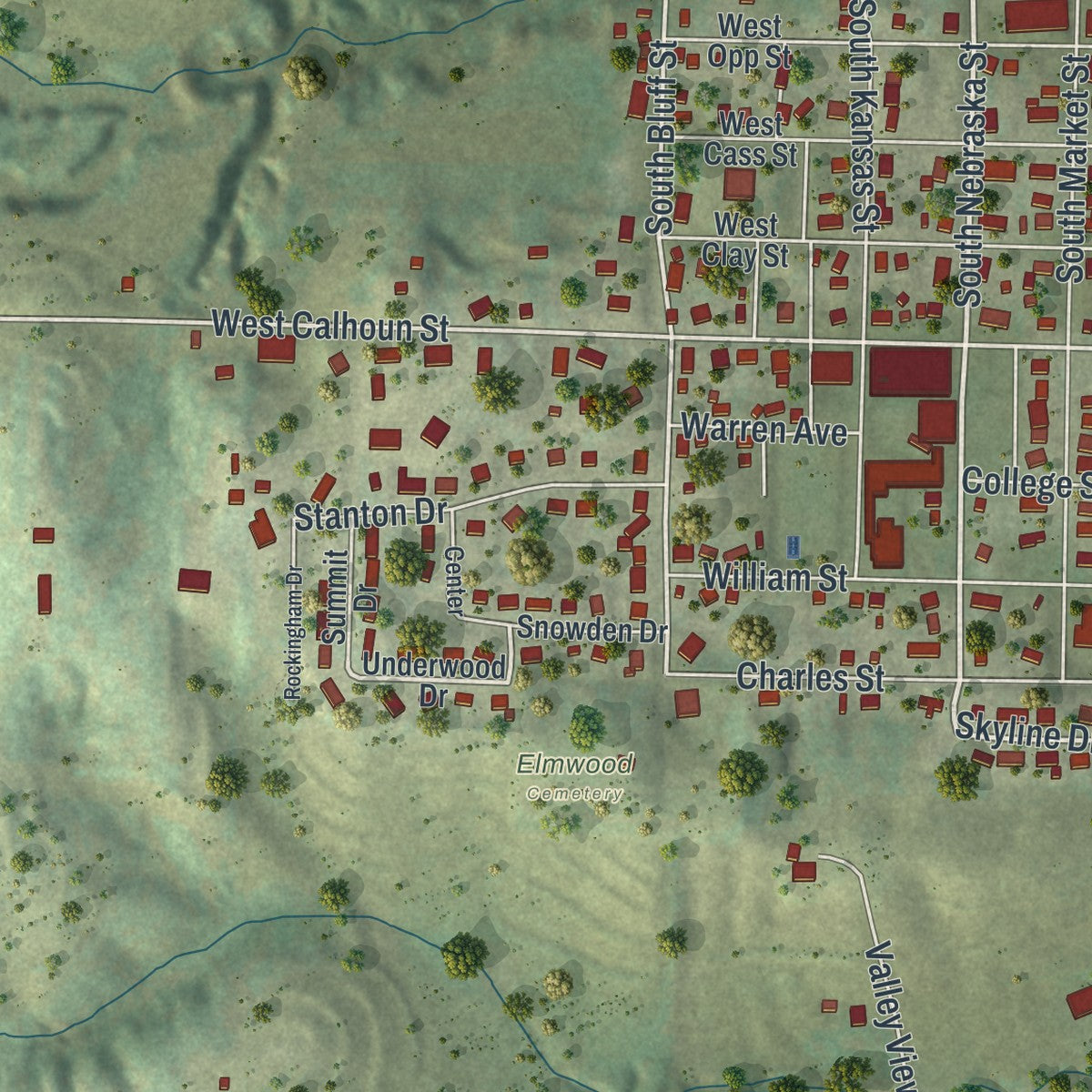 Close-up of the map of Rock Port, Missouri print showing street and building detail