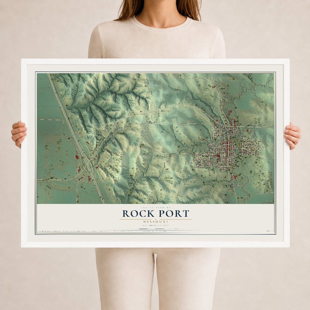 Map of Rock Port, Missouri, 24 x 36 inch print in a white wood frame