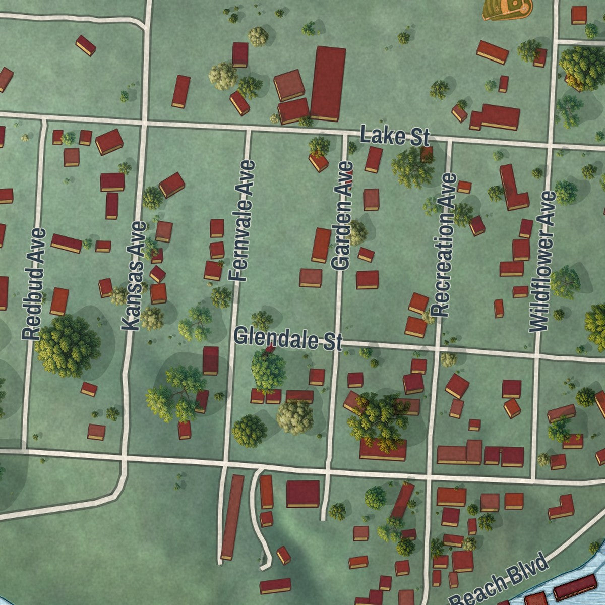 Close-up of the map of Rockaway Beach, Missouri print showing street and building detail
