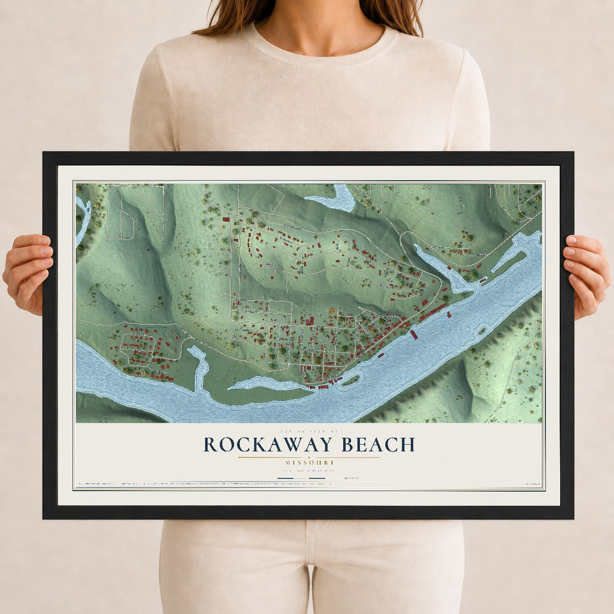 Map of Rockaway Beach, Missouri, 12 x 18 inch print in a black wood frame