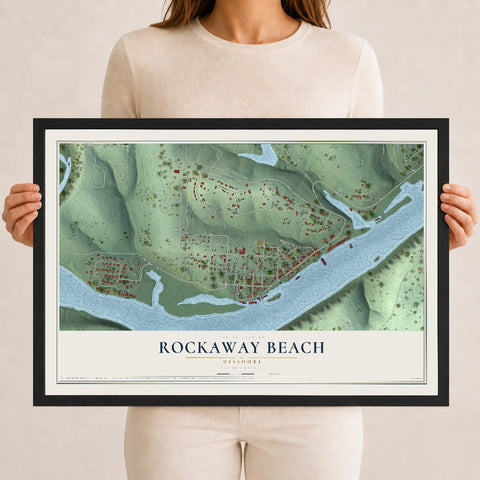 Map of Rockaway Beach, Missouri, 12 x 18 inch print in a black wood frame