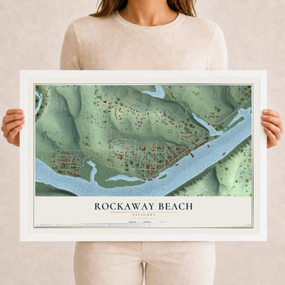 Map of Rockaway Beach, Missouri, 12 x 18 inch print in a white wood frame