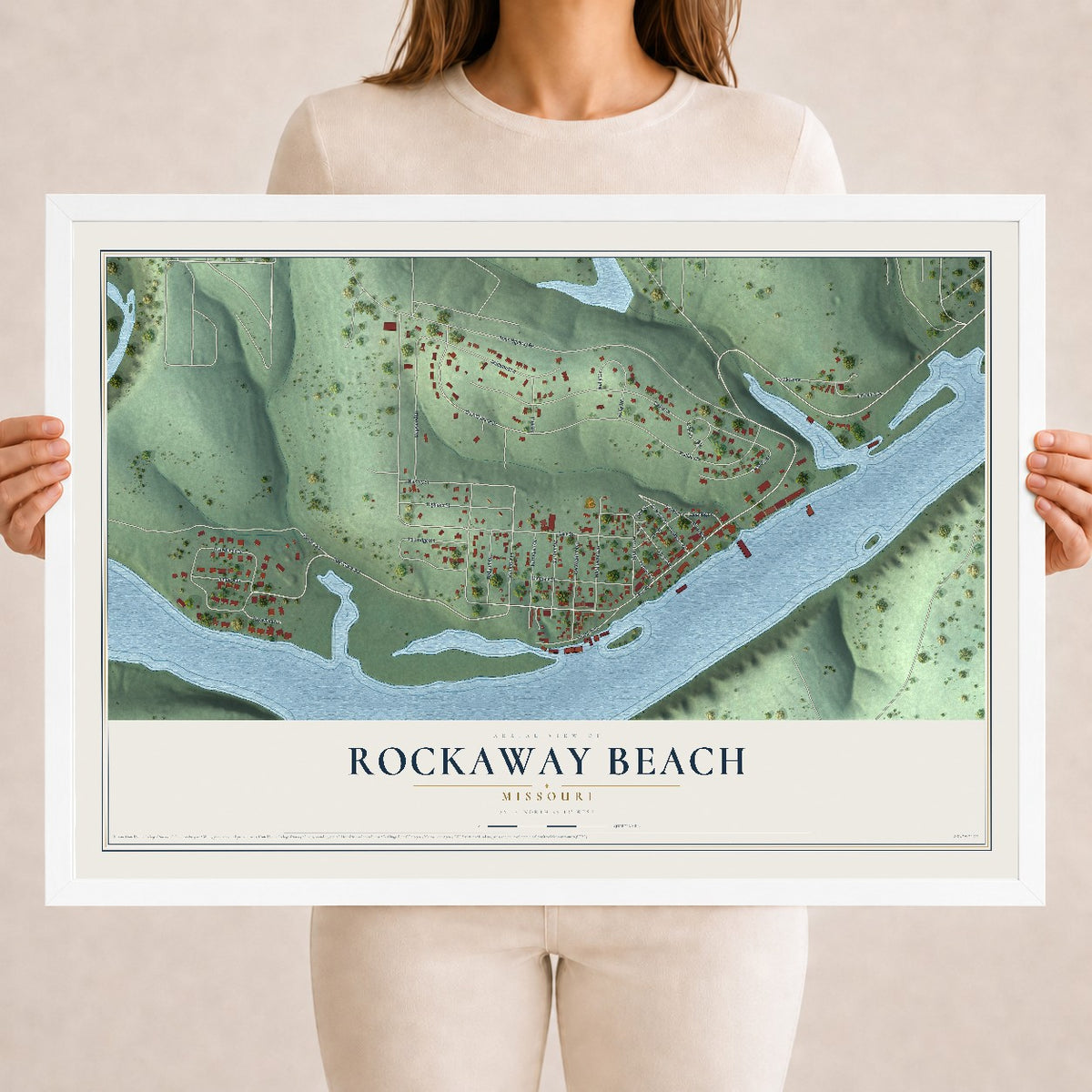 Map of Rockaway Beach, Missouri, 18 x 24 inch print in a white wood frame