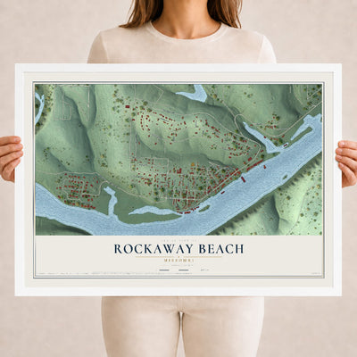 Map of Rockaway Beach, Missouri, 18 x 24 inch print in a white wood frame