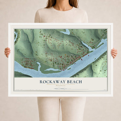 Map of Rockaway Beach, Missouri, 24 x 36 inch print in a white wood frame
