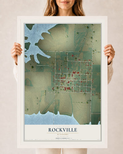Map of Rockville, Missouri, 24 x 36 inch print in a white wood frame