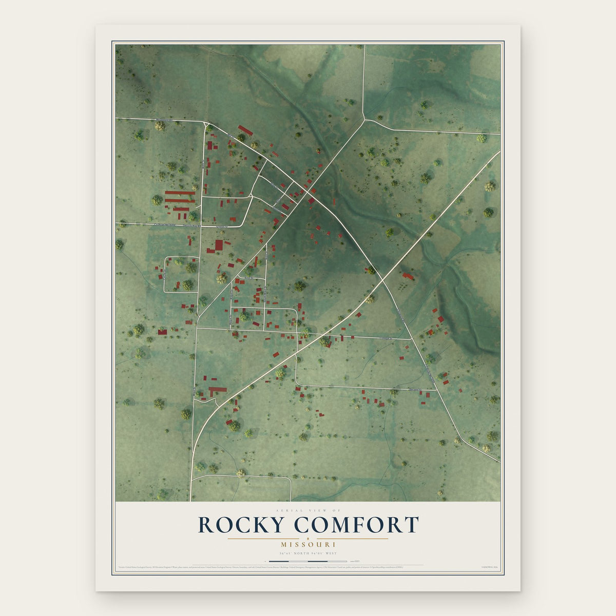 Rocky Comfort, Missouri map print, the full design
