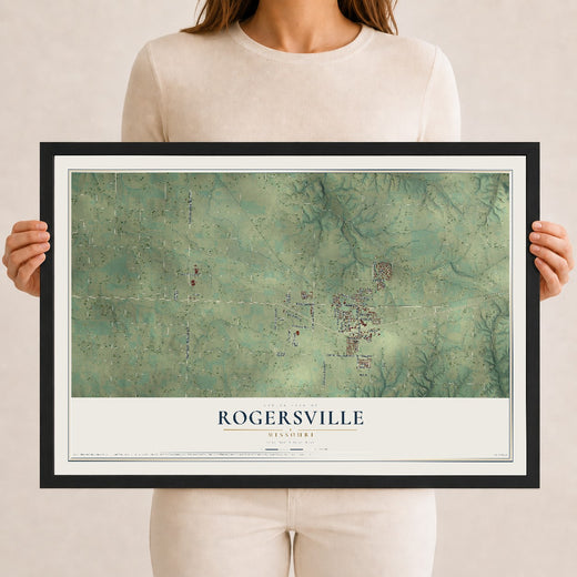 Map of Rogersville, Missouri, 12 x 18 inch print in a black wood frame