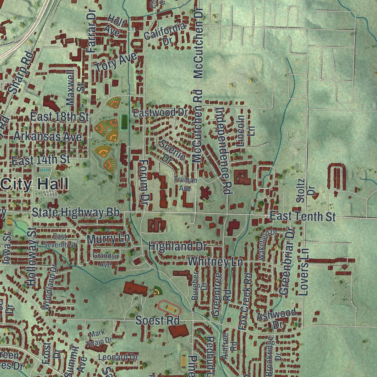 Close-up of the map of Rolla, Missouri print showing street and building detail
