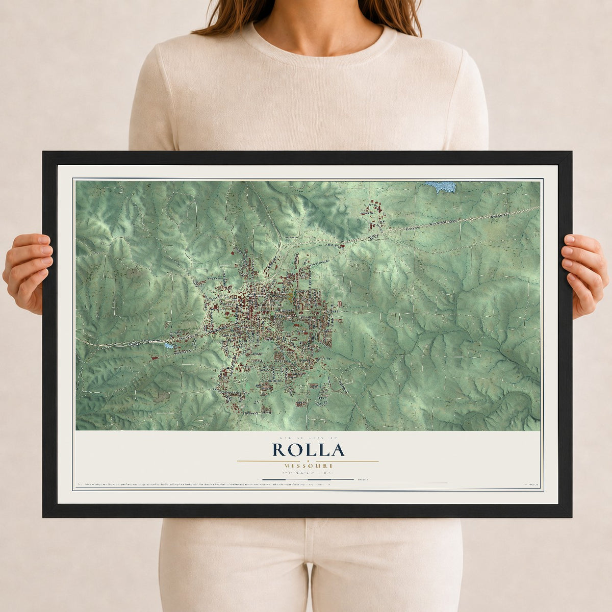 Map of Rolla, Missouri, 12 x 18 inch print in a black wood frame