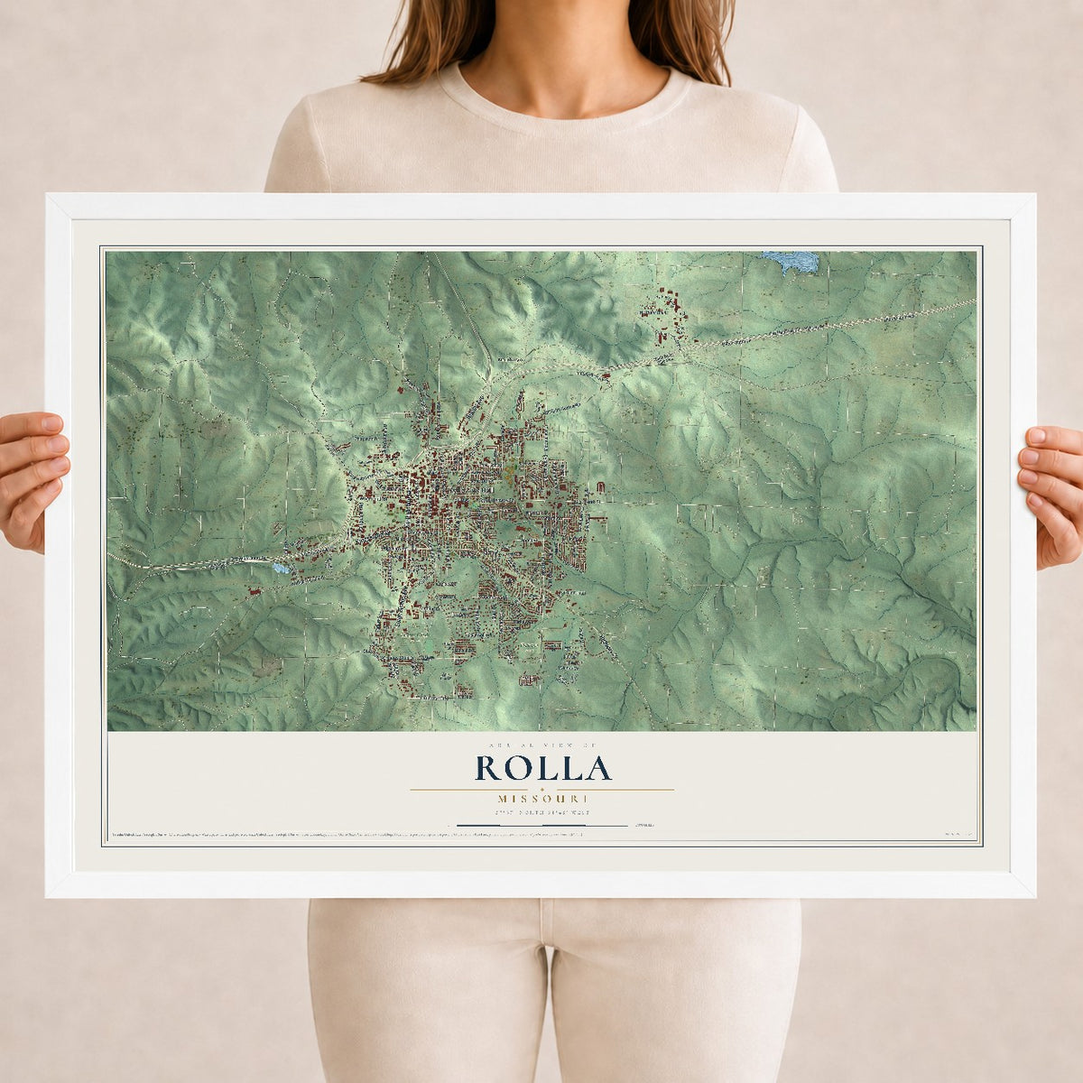 Map of Rolla, Missouri, 18 x 24 inch print in a white wood frame