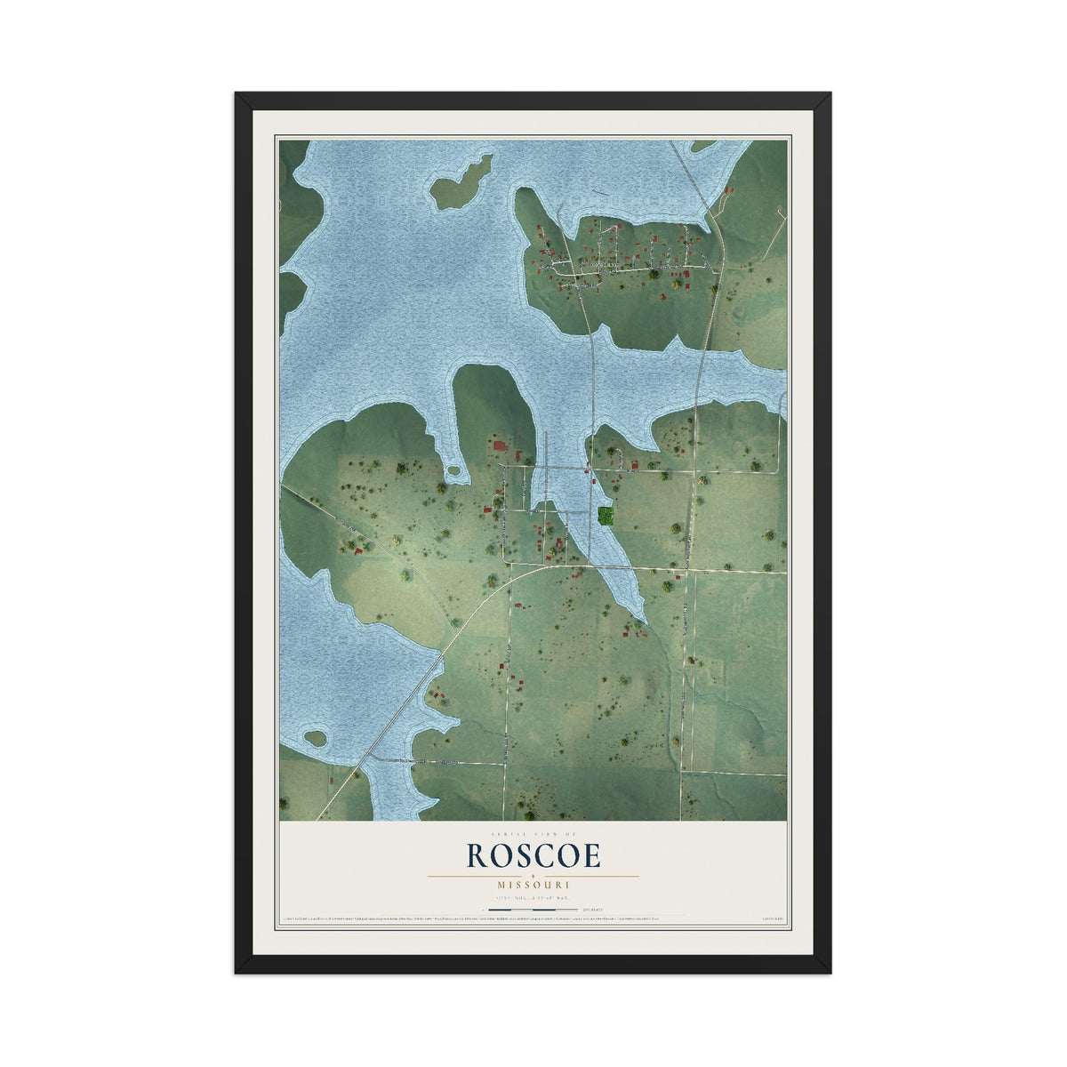 Map of Roscoe, Missouri, 12 x 18 inch print in a black wood frame