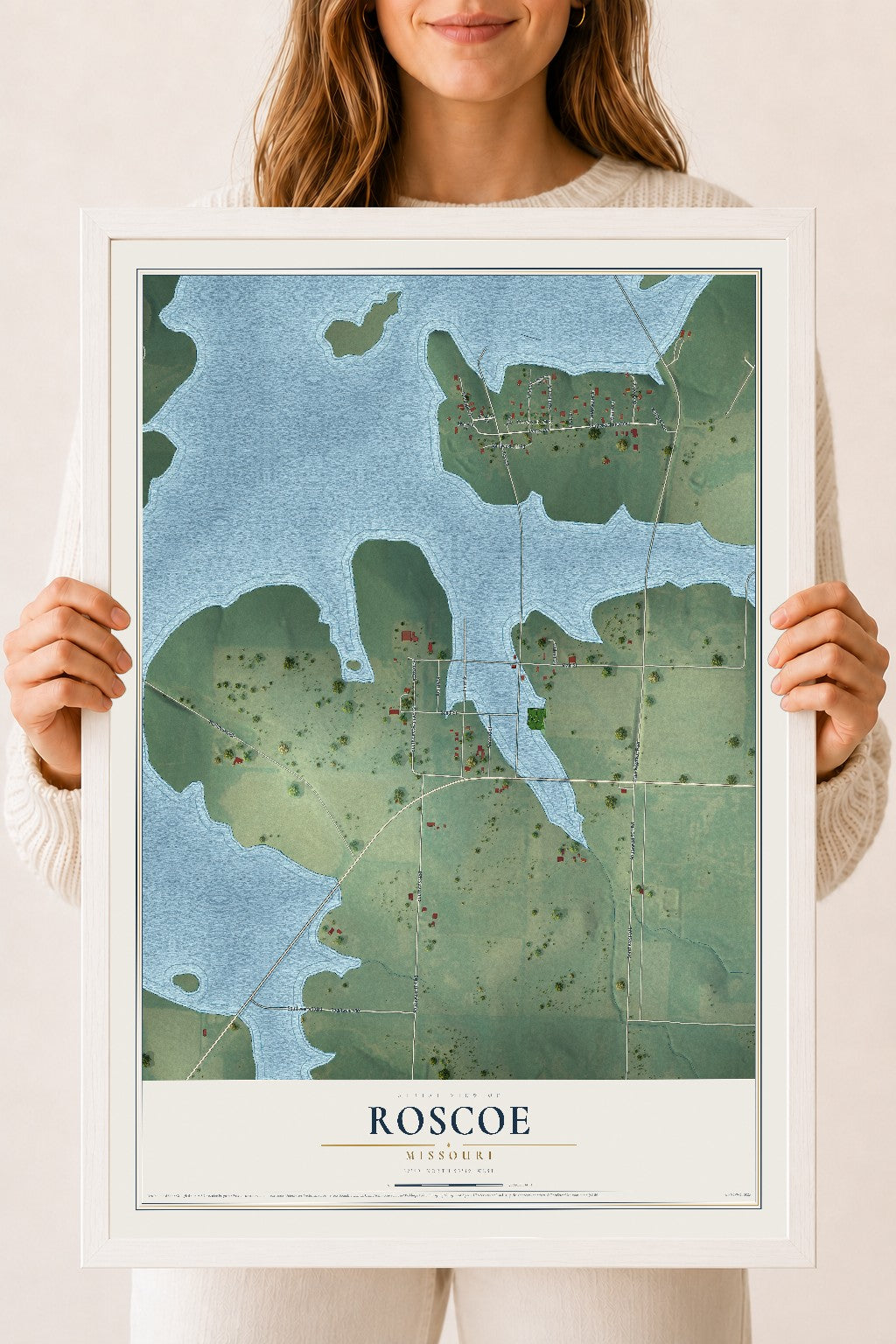 Map of Roscoe, Missouri, 18 x 24 inch print in a white wood frame