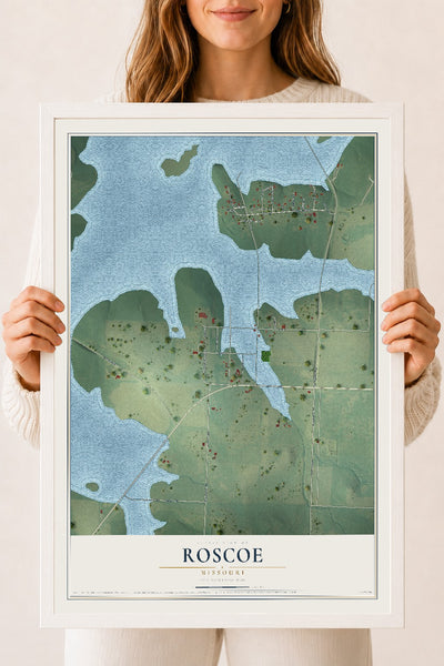 Map of Roscoe, Missouri, 18 x 24 inch print in a white wood frame