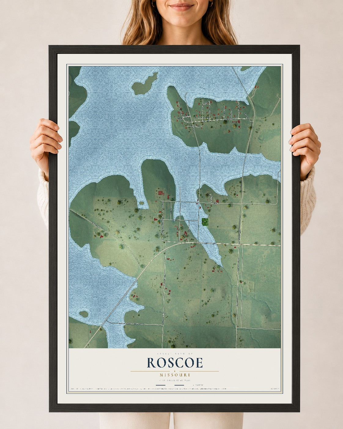 Map of Roscoe, Missouri, 24 x 36 inch print in a black wood frame