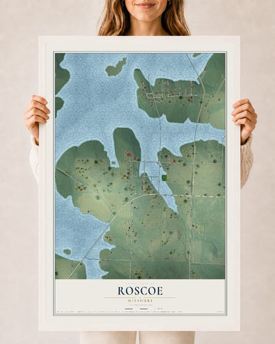 Map of Roscoe, Missouri, 24 x 36 inch print in a white wood frame