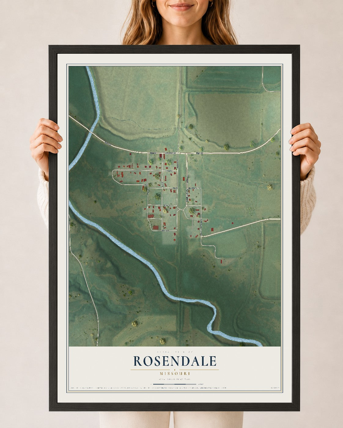 Map of Rosendale, Missouri, 24 x 36 inch print in a black wood frame