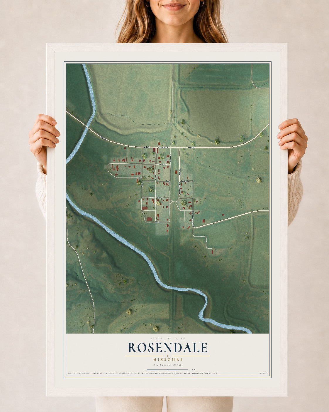 Map of Rosendale, Missouri, 24 x 36 inch print in a white wood frame