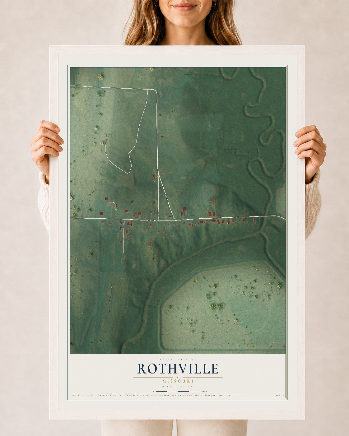 Map of Rothville, Missouri, 24 x 36 inch print in a white wood frame