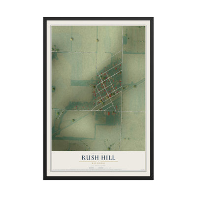 Map of Rush Hill, Missouri, 12 x 18 inch print in a black wood frame