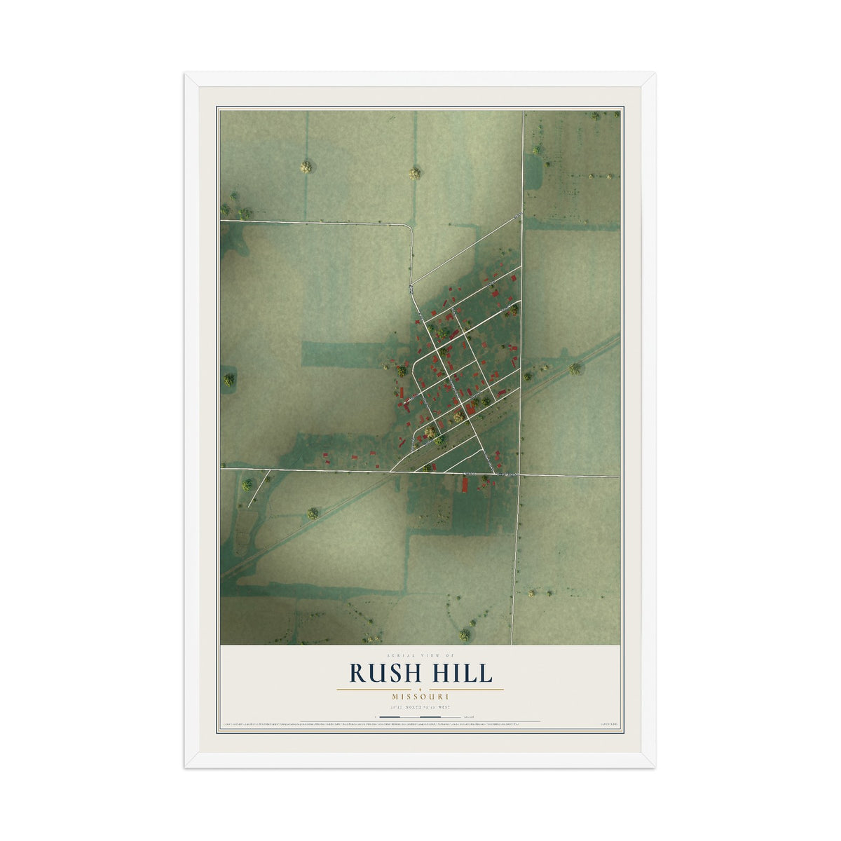 Map of Rush Hill, Missouri, 12 x 18 inch print in a white wood frame
