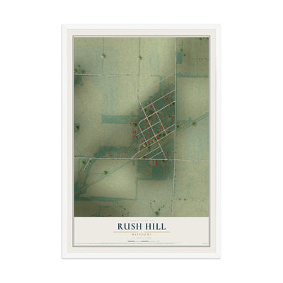 Map of Rush Hill, Missouri, 12 x 18 inch print in a white wood frame