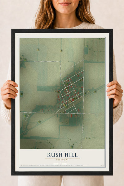 Map of Rush Hill, Missouri, 18 x 24 inch print in a black wood frame