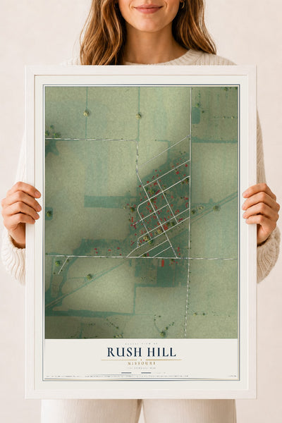 Map of Rush Hill, Missouri, 18 x 24 inch print in a white wood frame