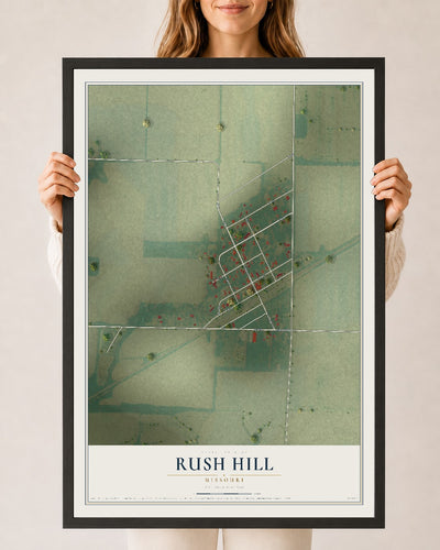 Map of Rush Hill, Missouri, 24 x 36 inch print in a black wood frame