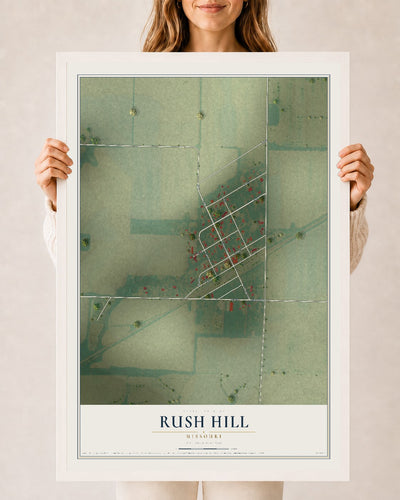 Map of Rush Hill, Missouri, 24 x 36 inch print in a white wood frame