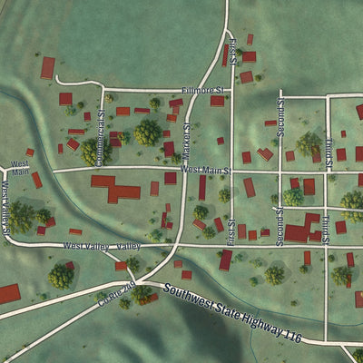 Close-up of the map of Rushville, Missouri print showing street and building detail