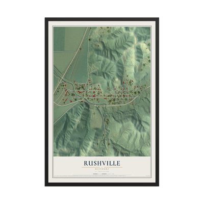 Map of Rushville, Missouri, 12 x 18 inch print in a black wood frame