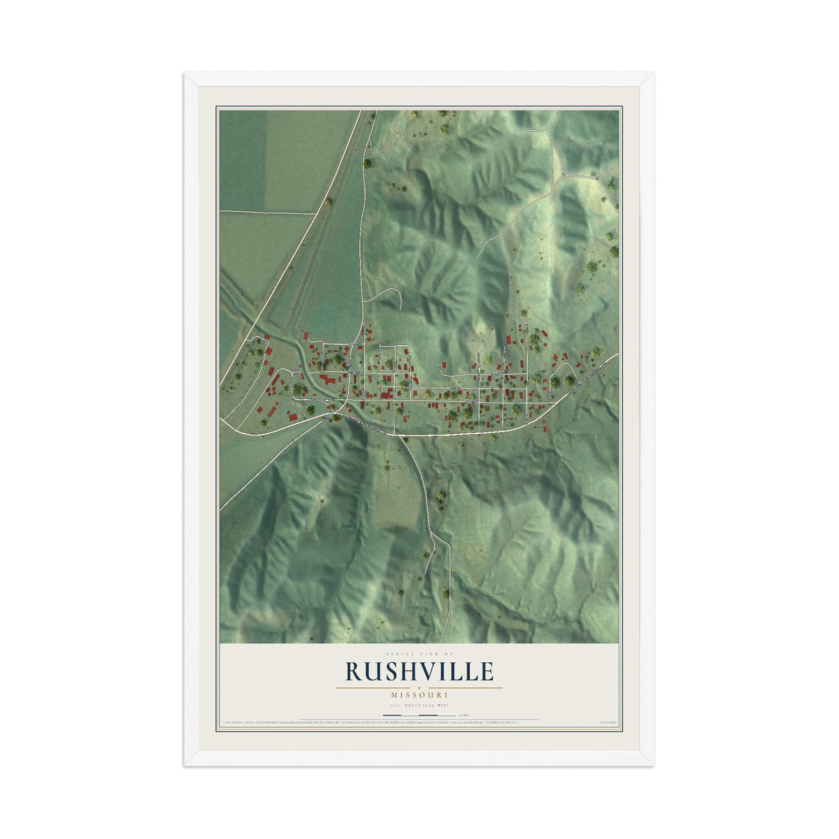 Map of Rushville, Missouri, 12 x 18 inch print in a white wood frame