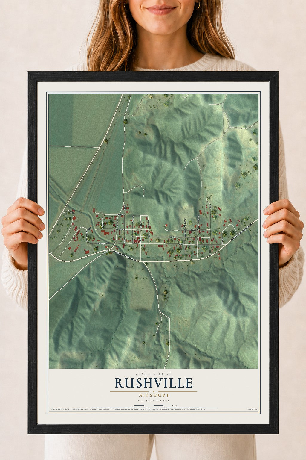 Map of Rushville, Missouri, 18 x 24 inch print in a black wood frame